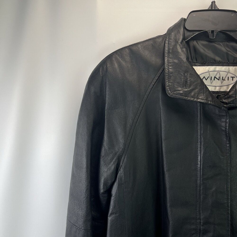 Winlit Black Leather Trench Coat Womens Size Small Long Jacket Vtg 80s Retro - Picture 2 of 10
